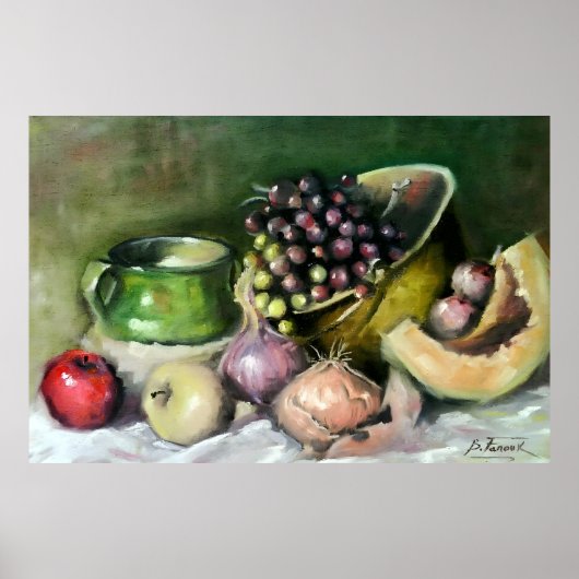果物と玉ねぎのある秋の静物画: ウォールアート (正面)