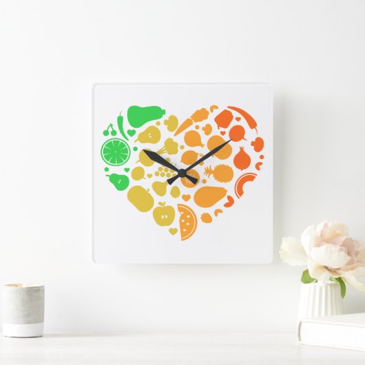 果物と野菜のハート-素晴らしビーガンギフト スクエア壁時計 (ホーム)