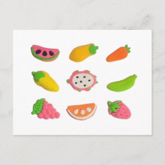 果物と野菜の形をしたグミキャンディ ポストカード (正面)