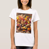 果物や花などの食べ物でいっぱいのテーブル Tシャツ (正面)