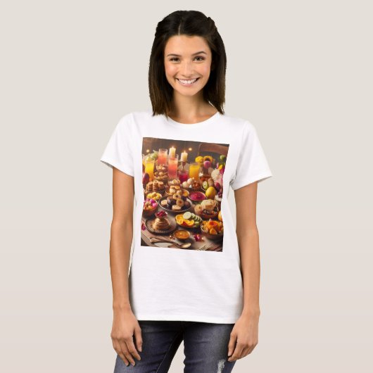果物や花などの食べ物でいっぱいのテーブル Tシャツ (正面フル)