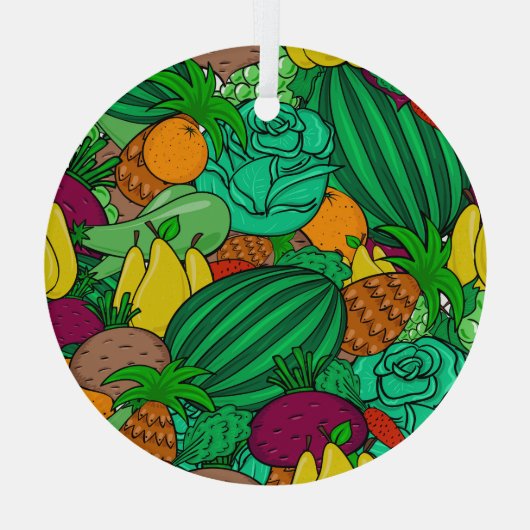 果物野菜シームレスベジタリアン模様 ガラスオーナメント (裏面)