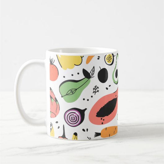 果物、野菜の手描きパターン。 コーヒーマグカップ (左)