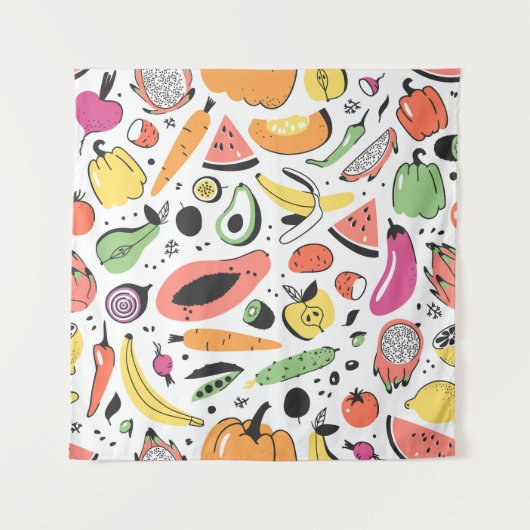 果物、野菜の手描きパターン。 タペストリー (正面)