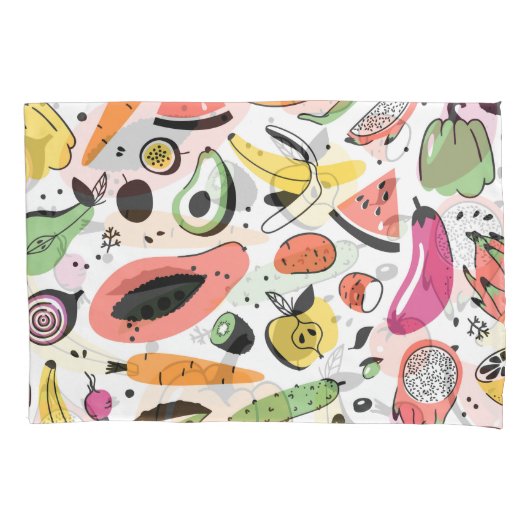 果物、野菜の手描きパターン。 枕カバー (正面)