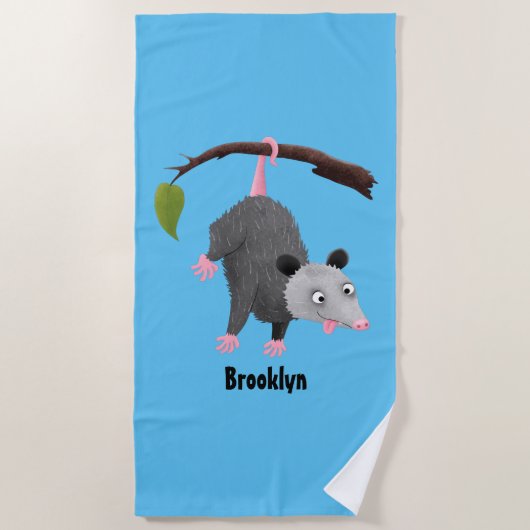 枝おもしろい漫画ぶら下がったからのかわいいオポッサム ビーチタオル (正面)