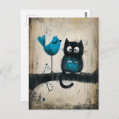 枝お洒落に猫と鳥 ポストカード (正面/裏面)