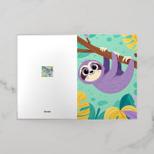 枝からつるのマンガのナマケモノの逆さ 箔グリーティングカード (外側レイダウン)