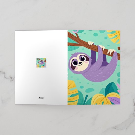 枝からつるのマンガのナマケモノの逆さ 箔グリーティングカード (外側レイダウン)