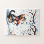 枝から雪の降るのを見る子猫 ジグソーパズル (横)