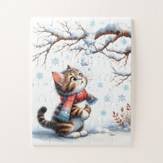 枝から雪の降るのを見る子猫 ジグソーパズル (縦)