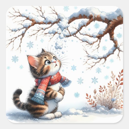 枝から雪の降るのを見る子猫 スクエアシール (正面)
