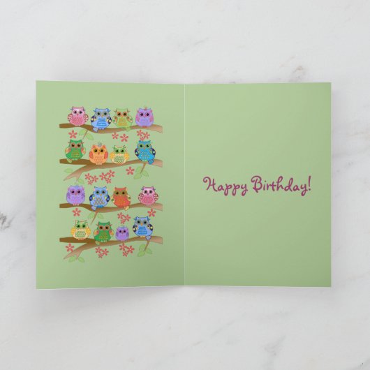 枝かわいい文字のバースデー・カードのフクロウ カード (内部)