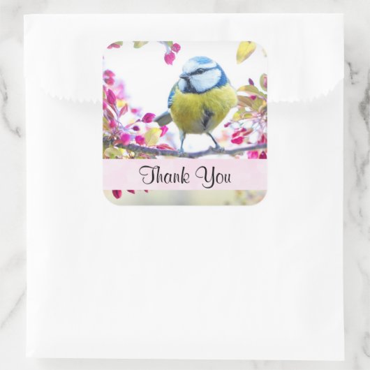 枝かわいらしに青と黄色の鳥ありがとう スクエアシール (バッグ)