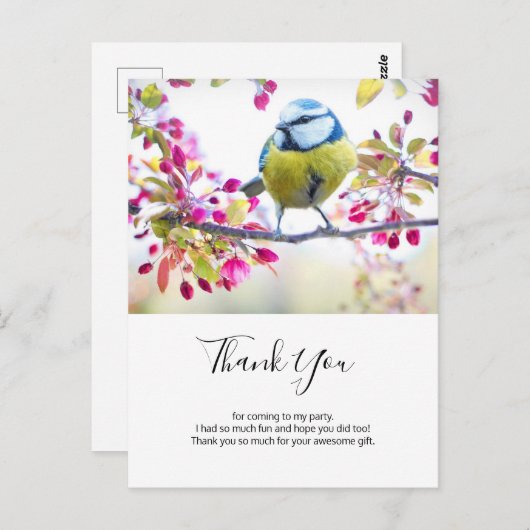 枝かわいらしに青と黄色の鳥ありがとう ポストカード (正面/裏面)