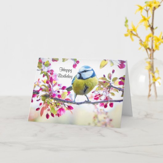 枝かわいらし写真に青と黄色の鳥 カード (黄色い花)