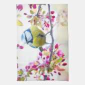 枝かわいらし写真に青と黄色の鳥 キッチンタオル (縦)