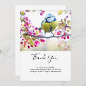 枝かわいらし写真に青と黄色の鳥 サンキューカード (正面/裏面)