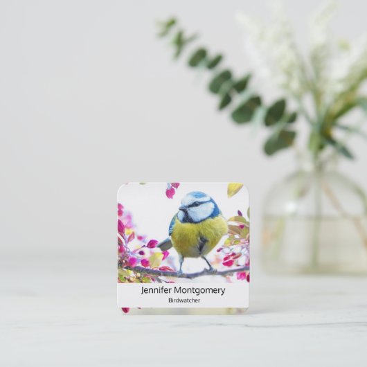 枝かわいらし写真に青と黄色の鳥 スクエア名刺 (スタンド正面)