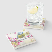 枝かわいらし写真に青と黄色の鳥 ストーンコースター (横)