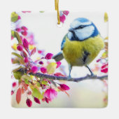 枝かわいらし写真に青と黄色の鳥 セラミックオーナメント (正面)