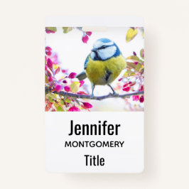 枝かわいらし写真に青と黄色の鳥 バッジ