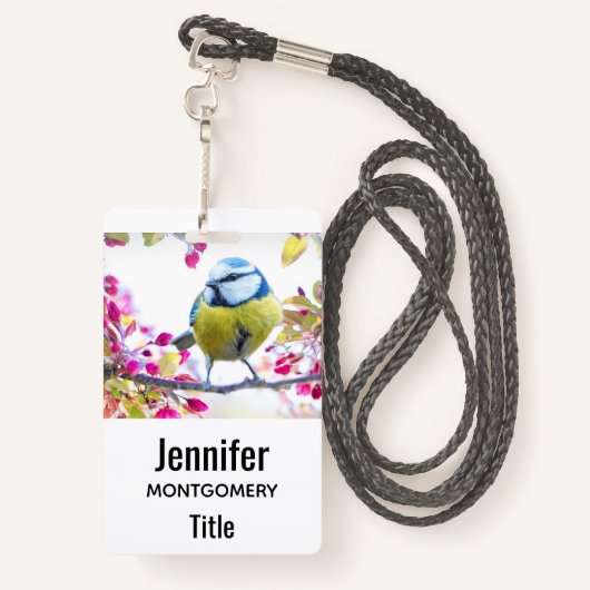 枝かわいらし写真に青と黄色の鳥 バッジ (裏面ランヤード)