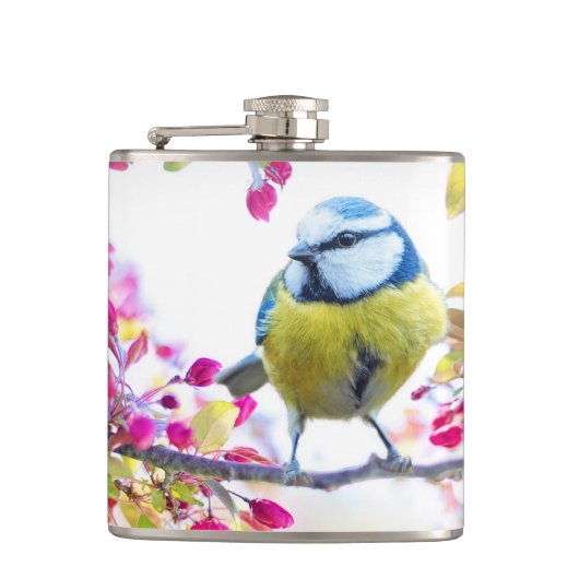 枝かわいらし写真に青と黄色の鳥 フラスク (正面)