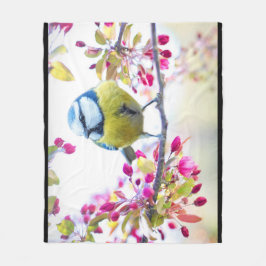 枝かわいらし写真に青と黄色の鳥 フリースブランケット