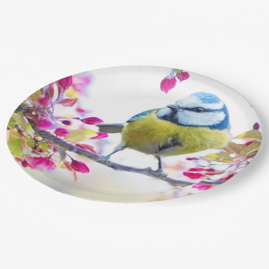 枝かわいらし写真に青と黄色の鳥 ペーパープレート (アングル)