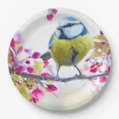 枝かわいらし写真に青と黄色の鳥 ペーパープレート (正面)