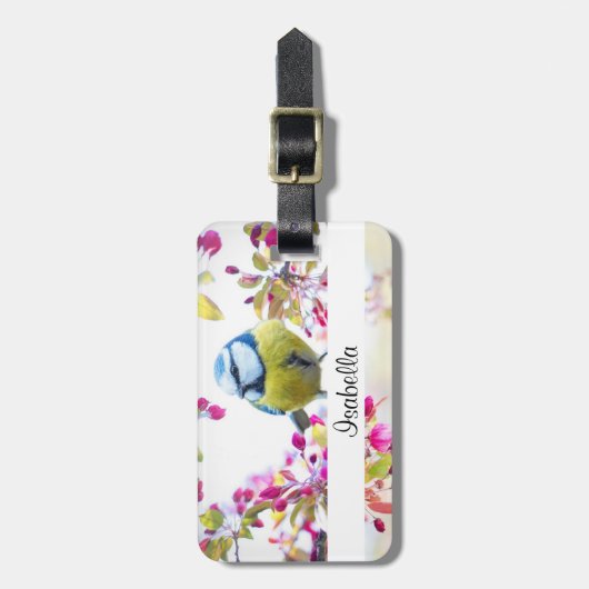 枝かわいらし写真に青と黄色の鳥 ラゲッジタグ (正面縦)