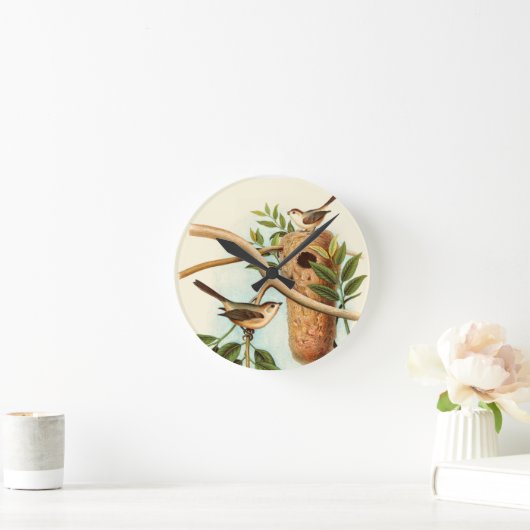 枝でとまる巣の鳥のカップル ラウンド壁時計 (ホーム)
