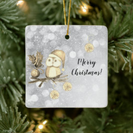 枝とボールを持つクリスマスかわいいフクロウ セラミックオーナメント
