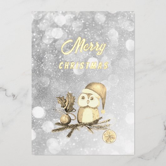 枝とボールを持つクリスマスかわいいフクロウ 箔シーズンカード (正面)
