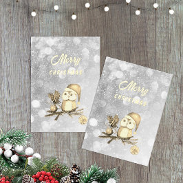 枝とボールを持つクリスマスかわいいフクロウ 箔シーズンカード