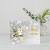 枝とボールを持つクリスマスかわいいフクロウ 箔シーズンポストカード (立ち正面)