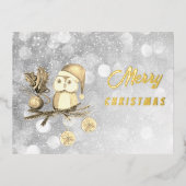 枝とボールを持つクリスマスかわいいフクロウ 箔シーズンポストカード (正面)