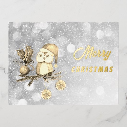 枝とボールを持つクリスマスかわいいフクロウ 箔シーズンポストカード (正面)
