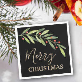 枝と果実メリークリスマスブラック スタンダードカクテルナプキン