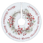 枝と赤い果実を持つクリスマスリース ブラッシュドポリエステルツリースカート (正面)