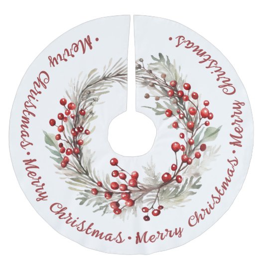 枝と赤い果実を持つクリスマスリース ブラッシュドポリエステルツリースカート (正面)