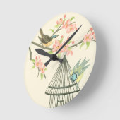 枝と鳥かごでとまる小さい鳥 ラウンド壁時計 (傾斜)