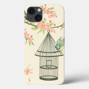 枝と鳥かごでとまる小さい鳥 iPhone 13ケース