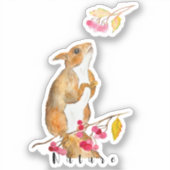 枝におもしろい果実を持つ水色のリス シール (正面)