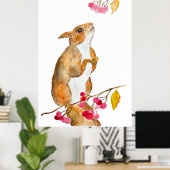 枝におもしろい果実を持つ水色のリス ポスター (ホームオフィス)