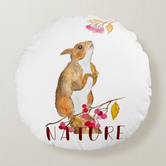 枝におもしろい果実を持つ水色のリス ラウンドクッション (正面)