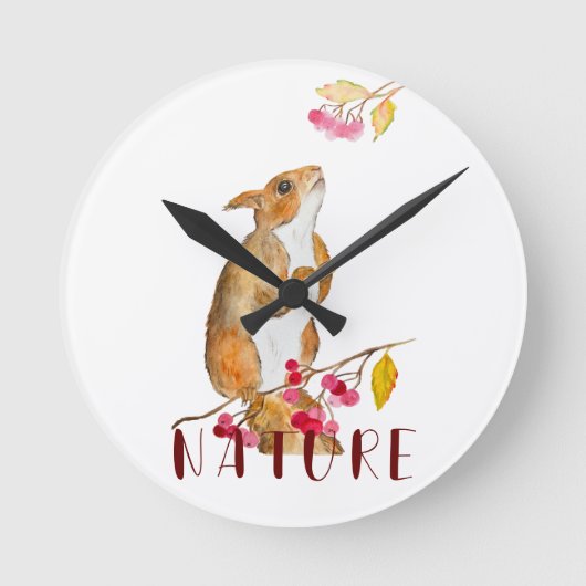 枝におもしろい果実を持つ水色のリス ラウンド壁時計 (正面)