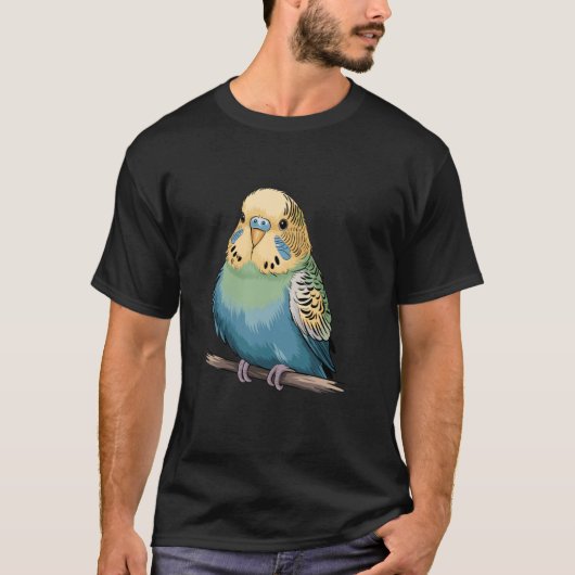 枝にとまるかわいいセキセイインコ Tシャツ (正面)