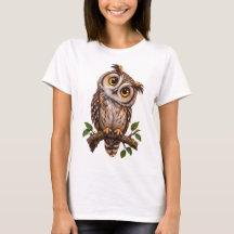 枝にとまる可愛いフクロウのグラフィックTシャツ 女性用